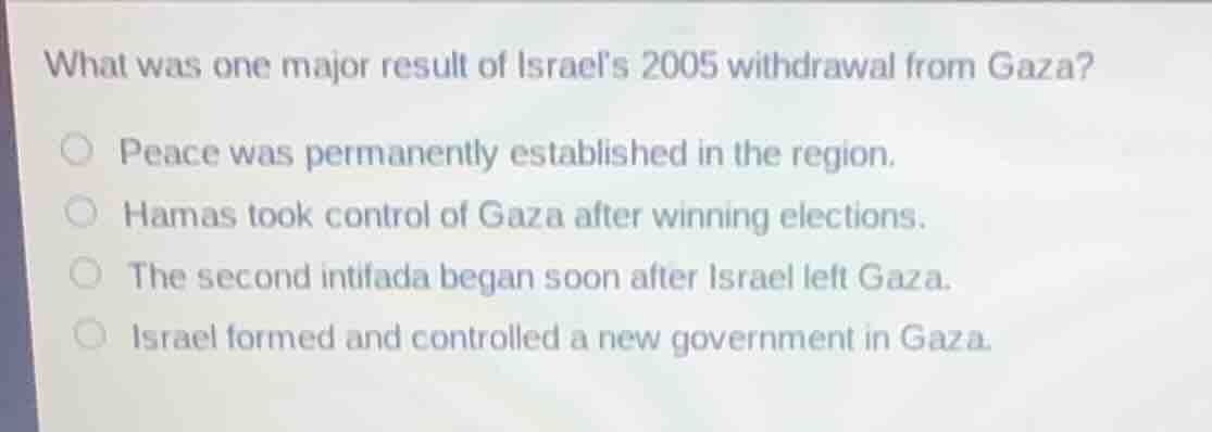 what was one major result of israels 2005 withdrawal from gaza? peace w…