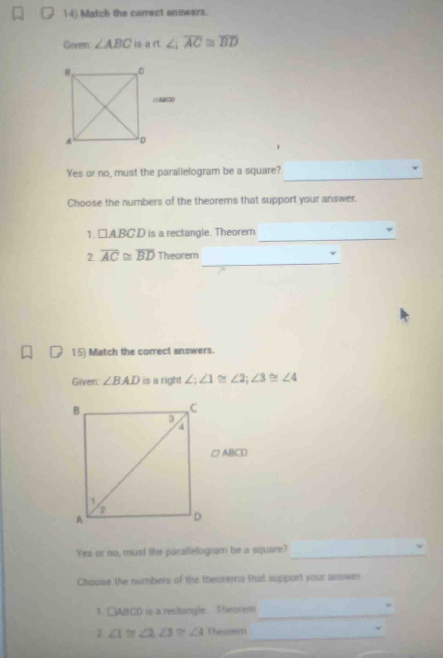 14) match the correct answers. given: ∠abc is a rt. ∠; \\(overline{ac} …