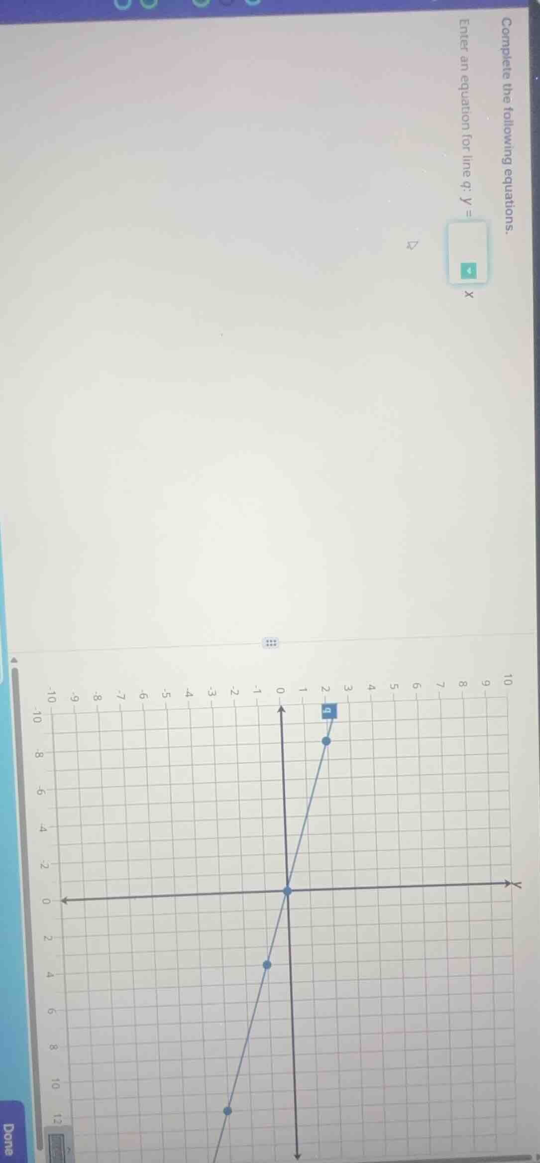 complete the following equations. enter an equation for line q: y = x