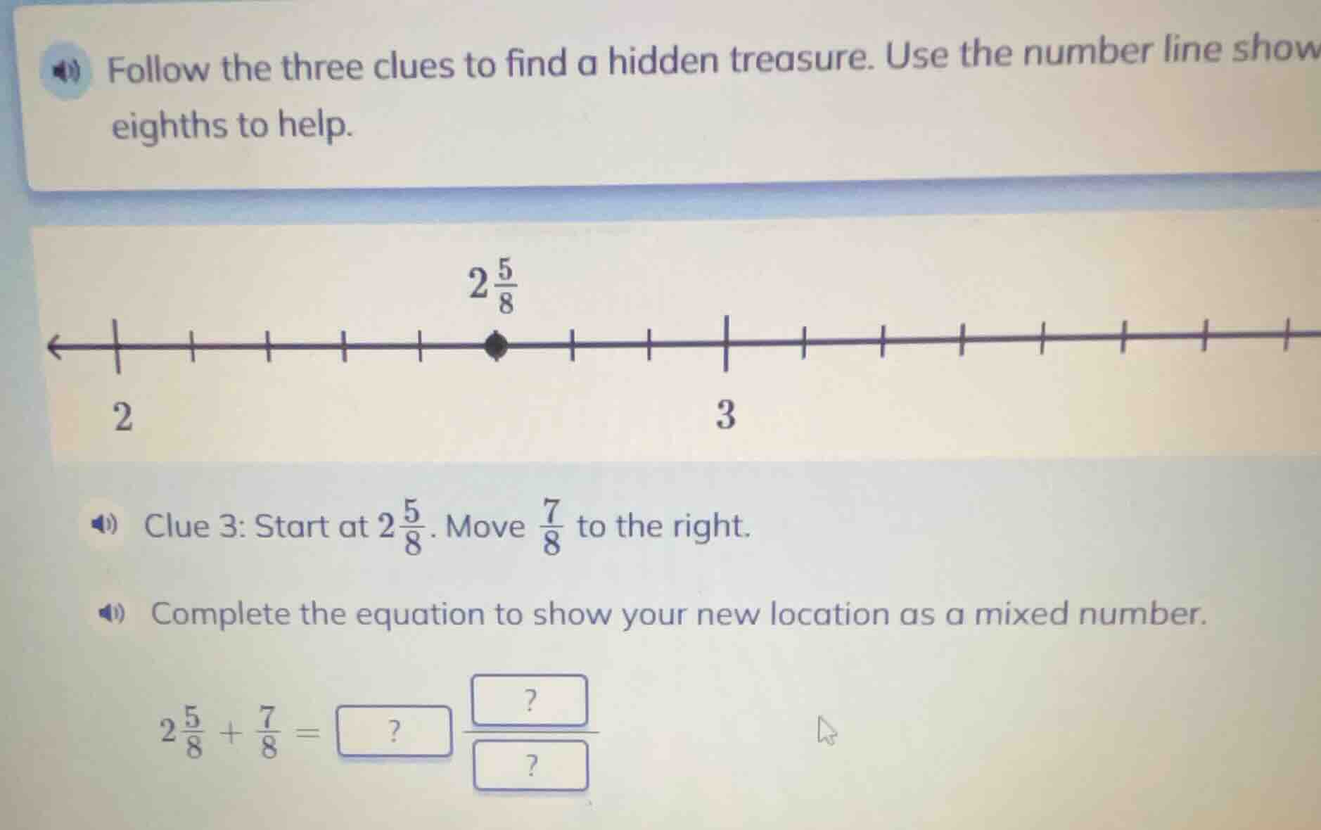 follow the three clues to find a hidden treasure. use the number line s…