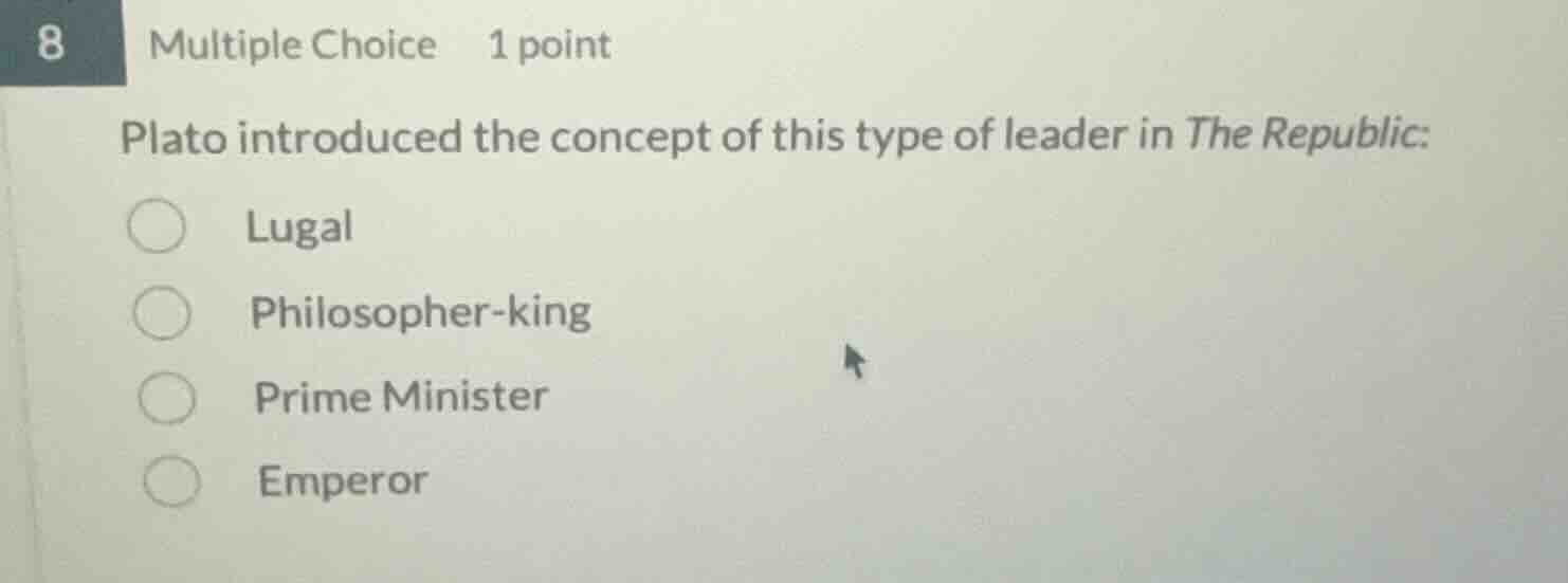 8 multiple choice 1 point plato introduced the concept of this type of …