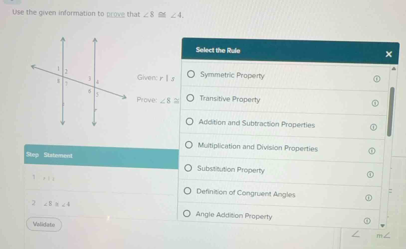 use the given information to prove that $\\angle 8 \\cong \\angle 4$. g…