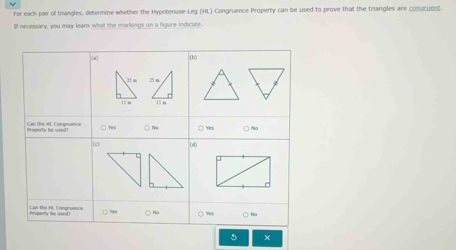 for each pair of triangles, determine whether the hypotenuse-leg (hl) c…