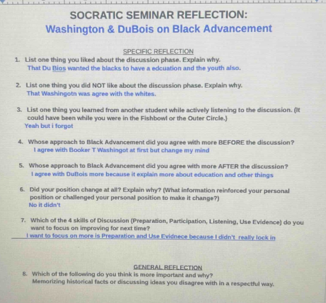 socratic seminar reflection: washington & dubois on black advancement s…