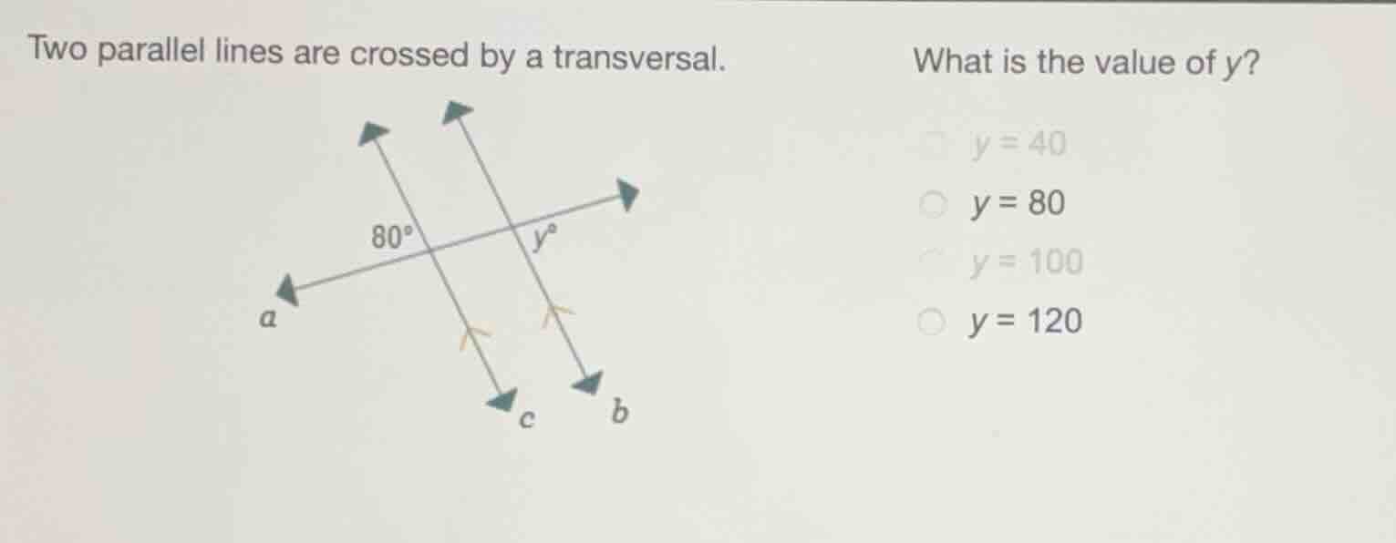 two parallel lines are crossed by a transversal. what is the value of y…
