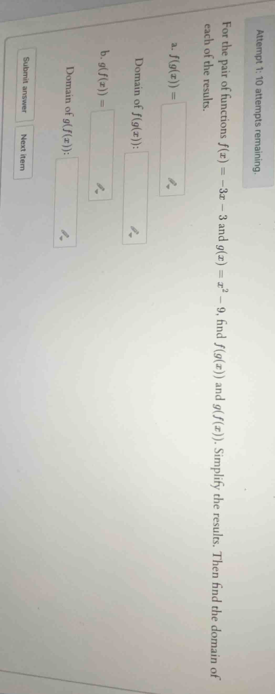 attempt 1: 10 attempts remaining. for the pair of functions ( f(x) = -3…