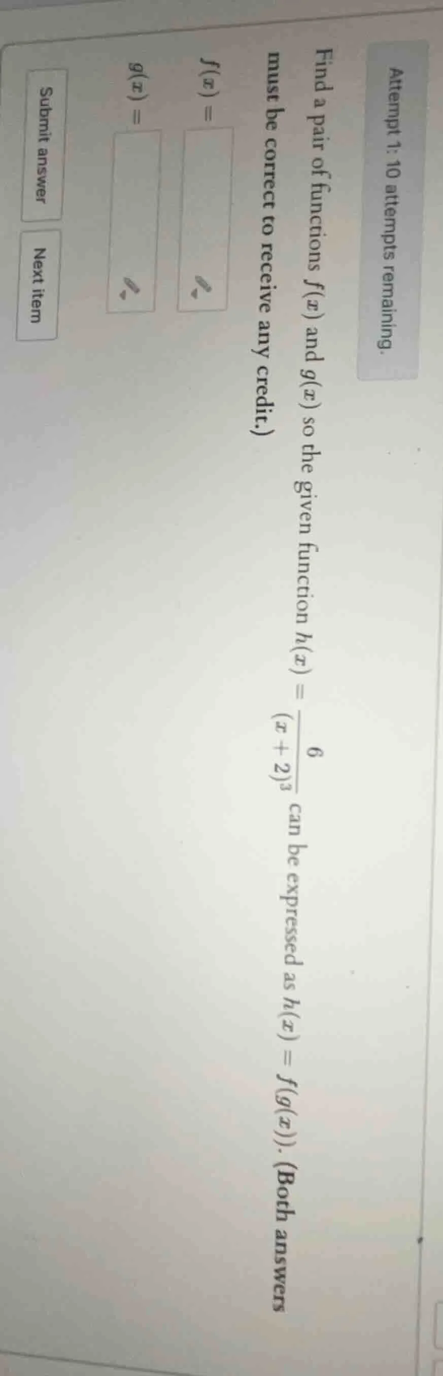 attempt 1: 10 attempts remaining. find a pair of functions ( f(x) ) and…