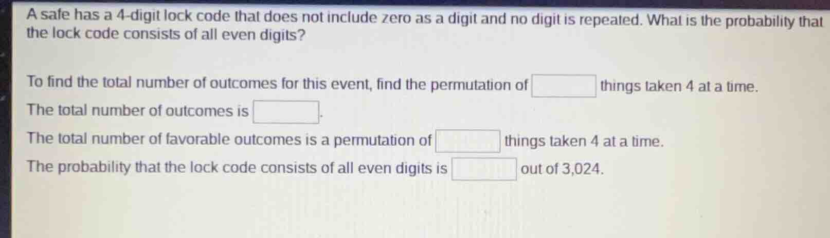 a safe has a 4-digit lock code that does not include zero as a digit an…