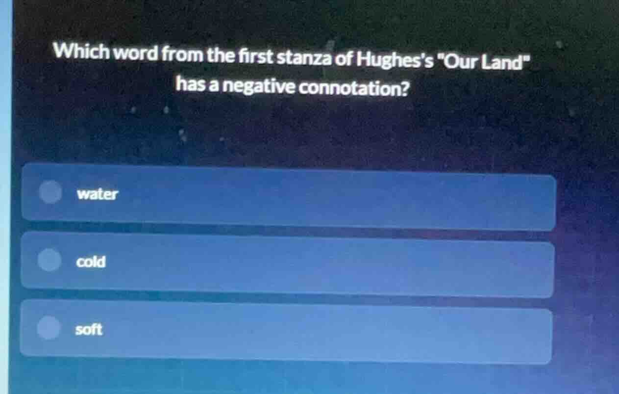 which word from the first stanza of hughess \our land\ has a negative c…
