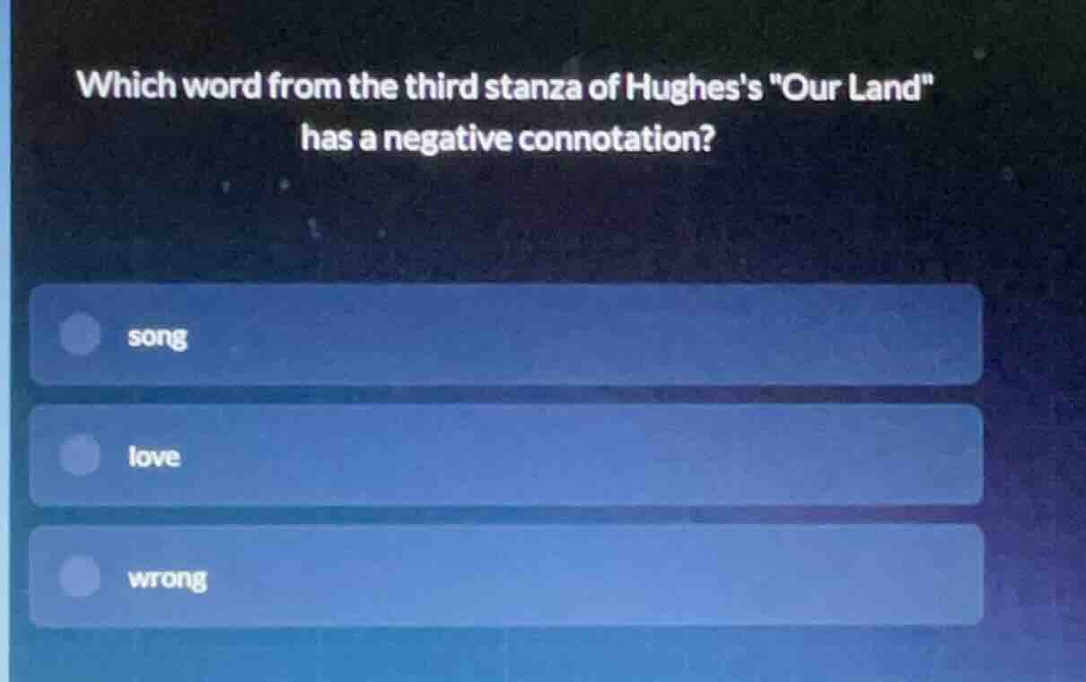 which word from the third stanza of hughess \our land\ has a negative c…