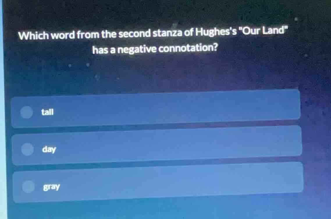 which word from the second stanza of hughess \our land\ has a negative …