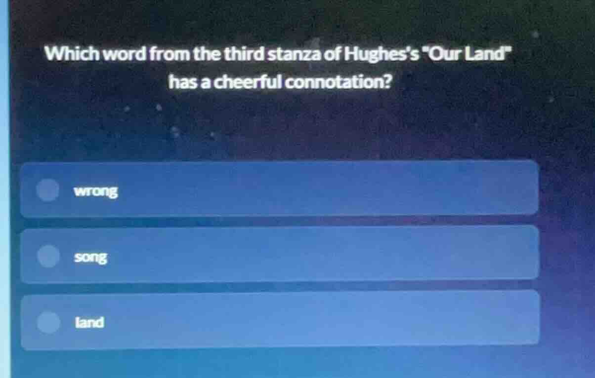 which word from the third stanza of hughess \our land\ has a cheerful c…