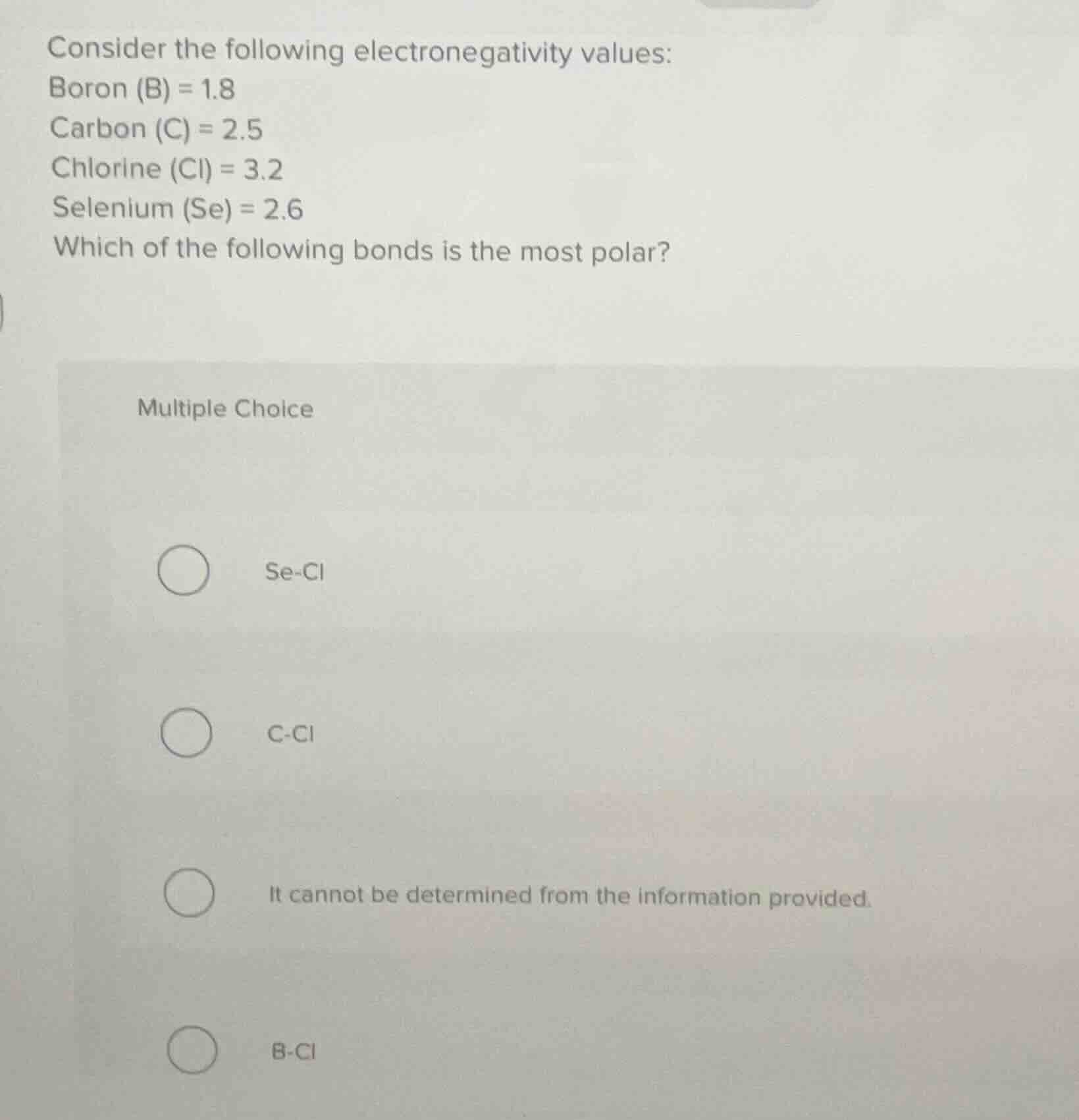 consider the following electronegativity values: boron (b) = 1.8 carbon…