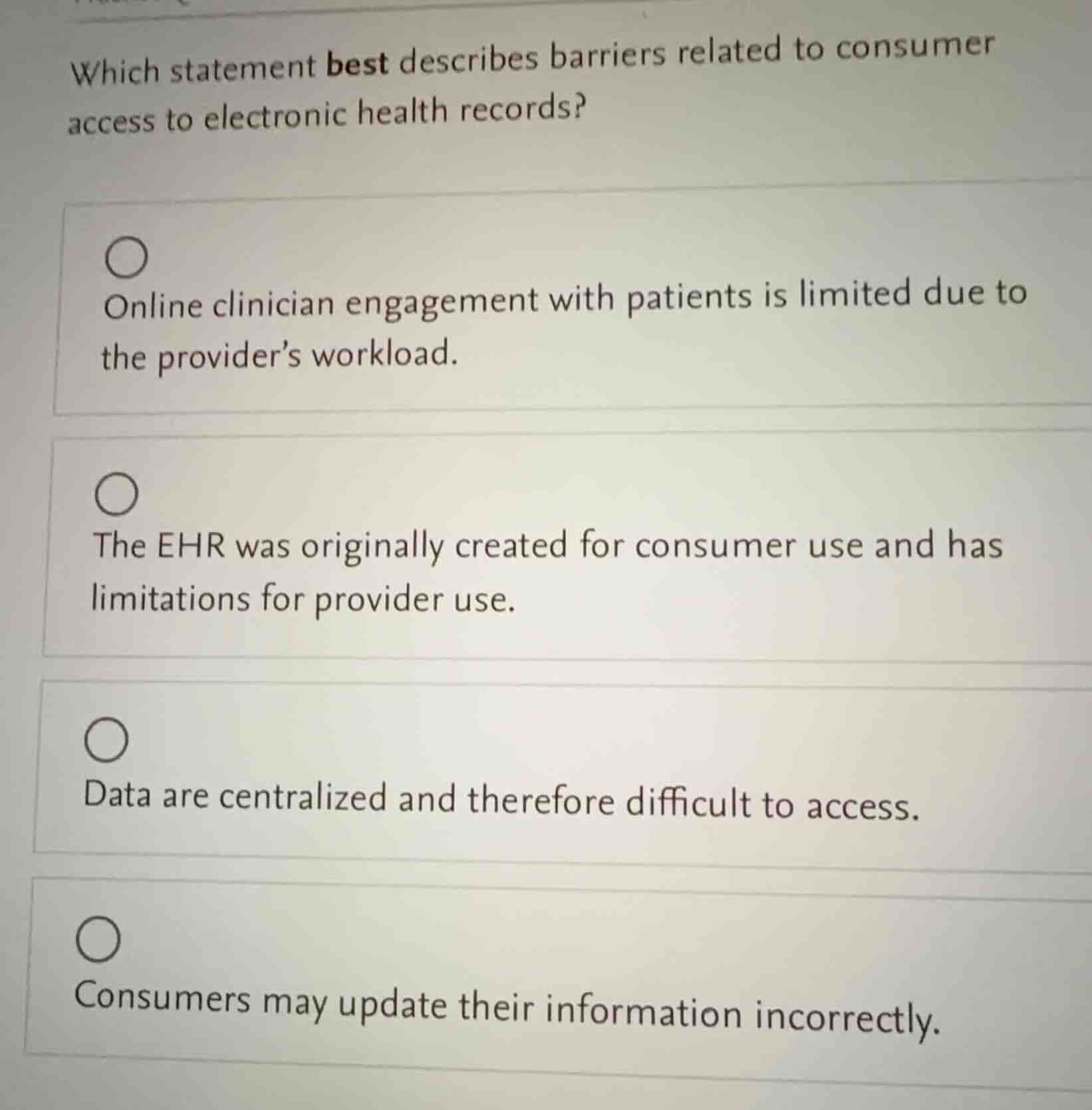 which statement best describes barriers related to consumer access to e…