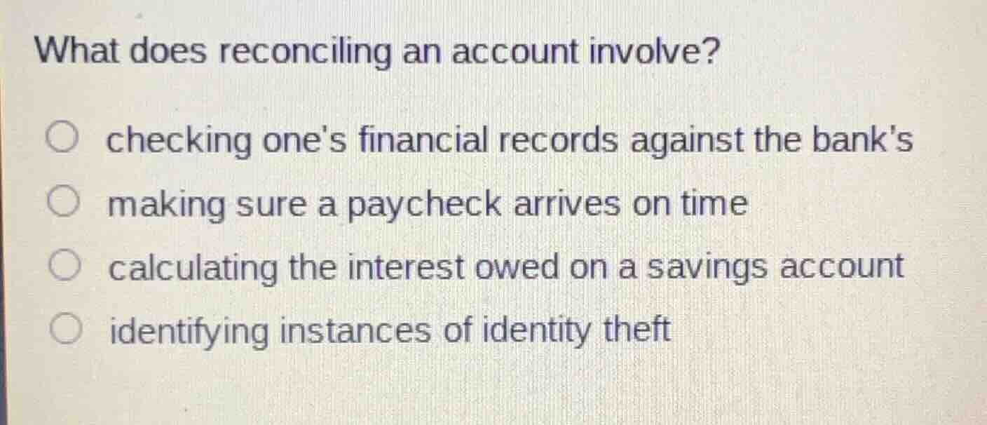 what does reconciling an account involve? checking ones financial recor…
