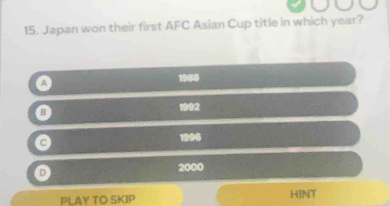 15. japan won their first afc asian cup title in which year? a 1988 b 1…