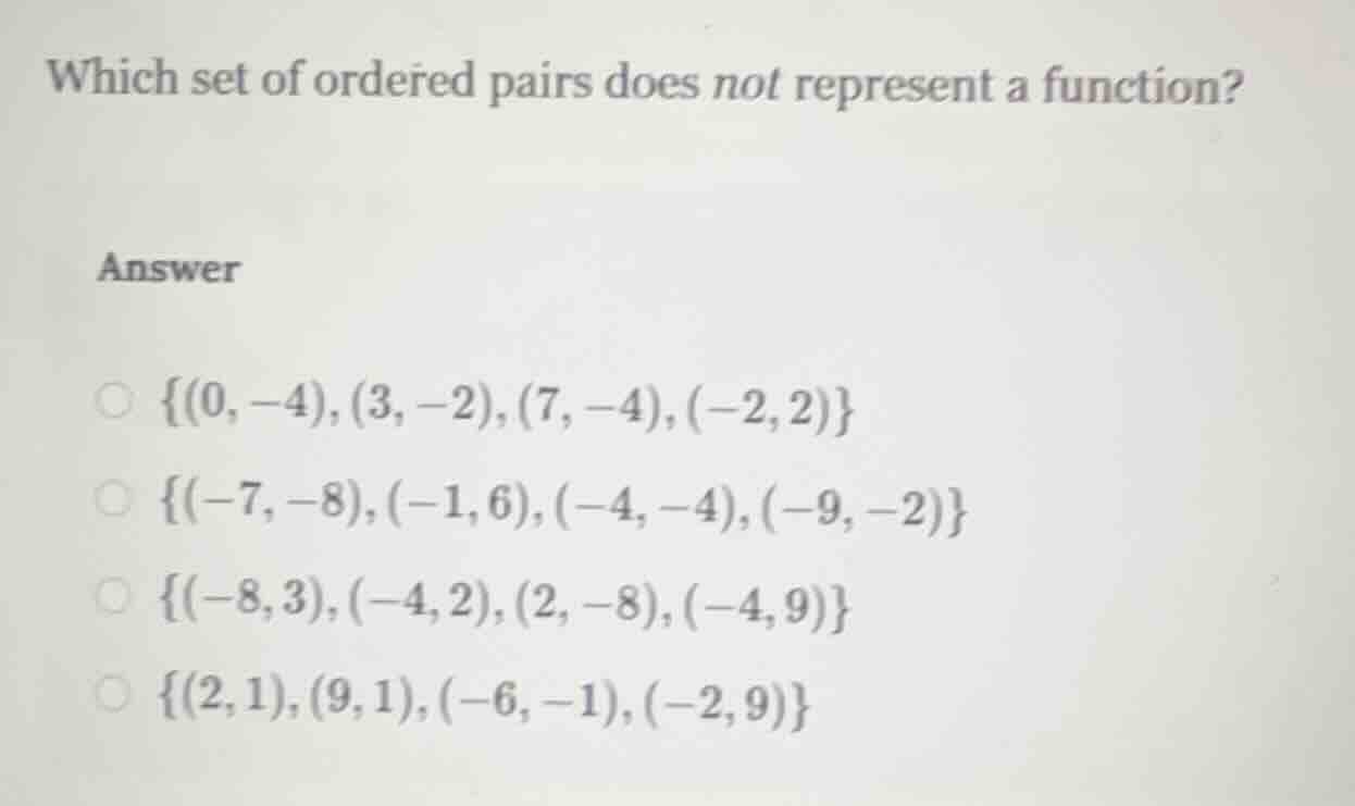 which set of ordered pairs does not represent a function? answer \\{\\(…