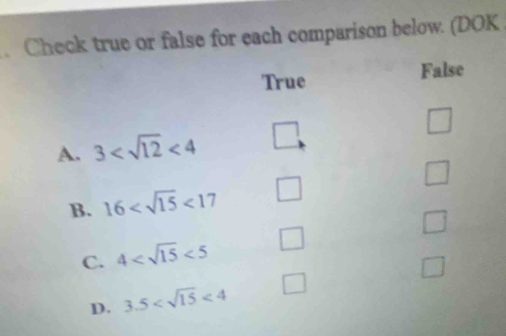 check true or false for each comparison below. (dok a. $3 < \\sqrt{12} …