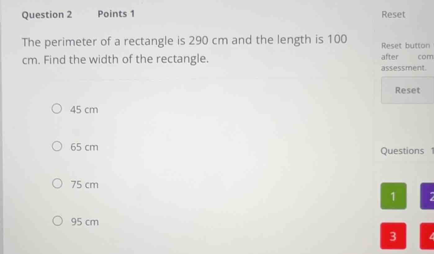 question 2 points 1 the perimeter of a rectangle is 290 cm and the leng…
