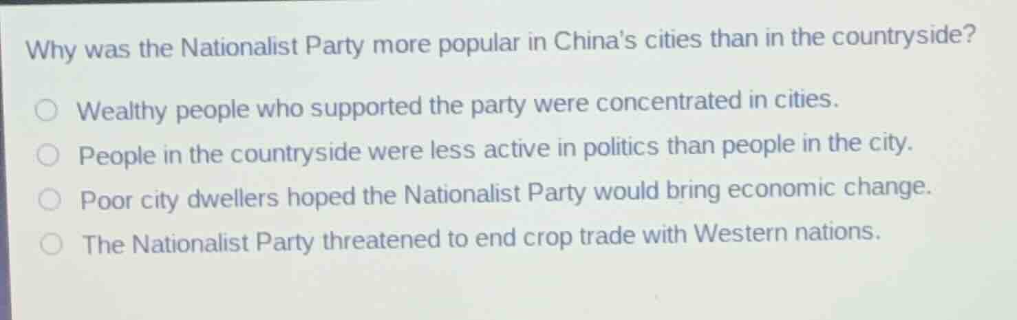 why was the nationalist party more popular in chinas cities than in the…