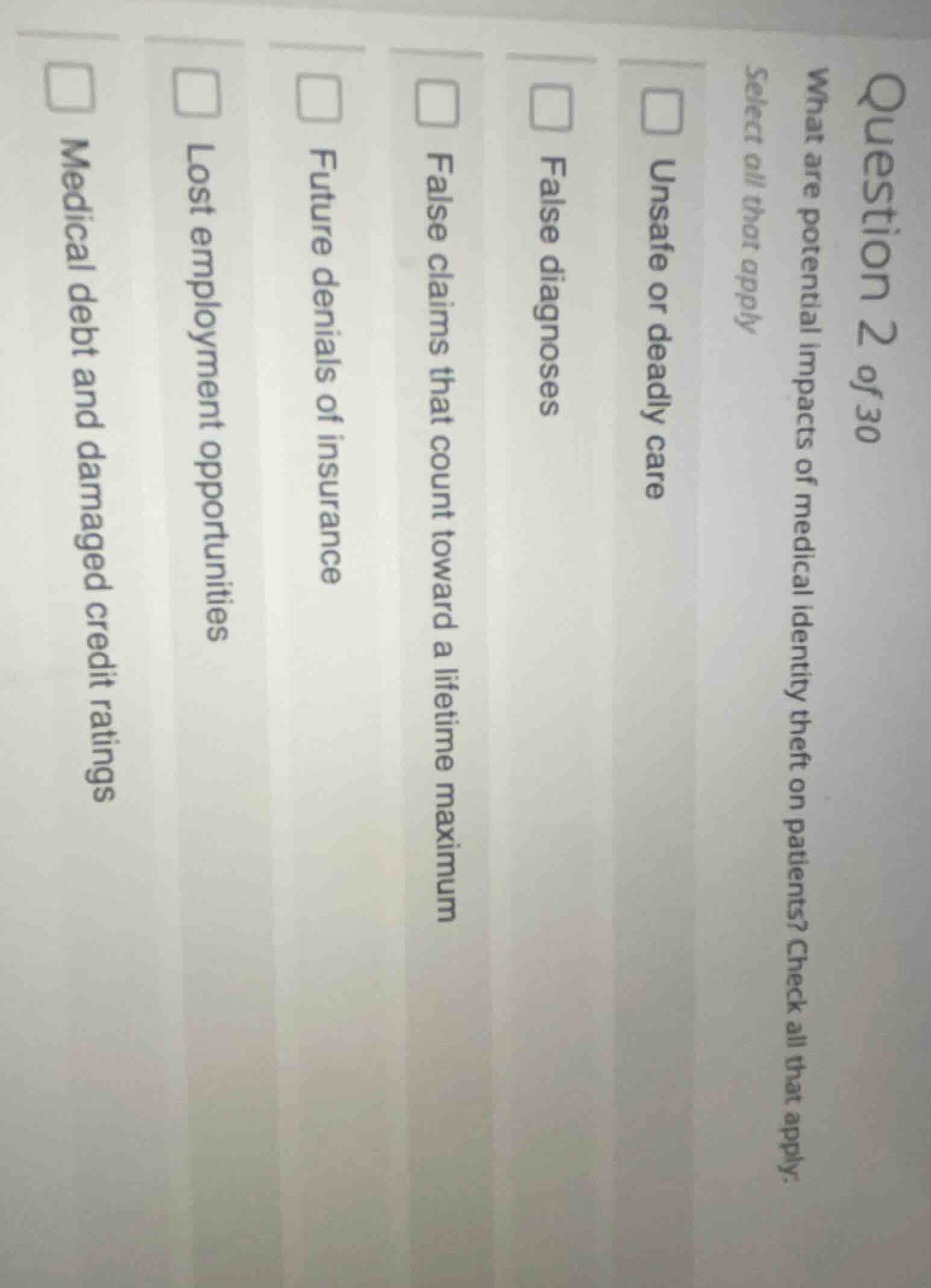 question 2 of 30 what are potential impacts of medical identity theft o…