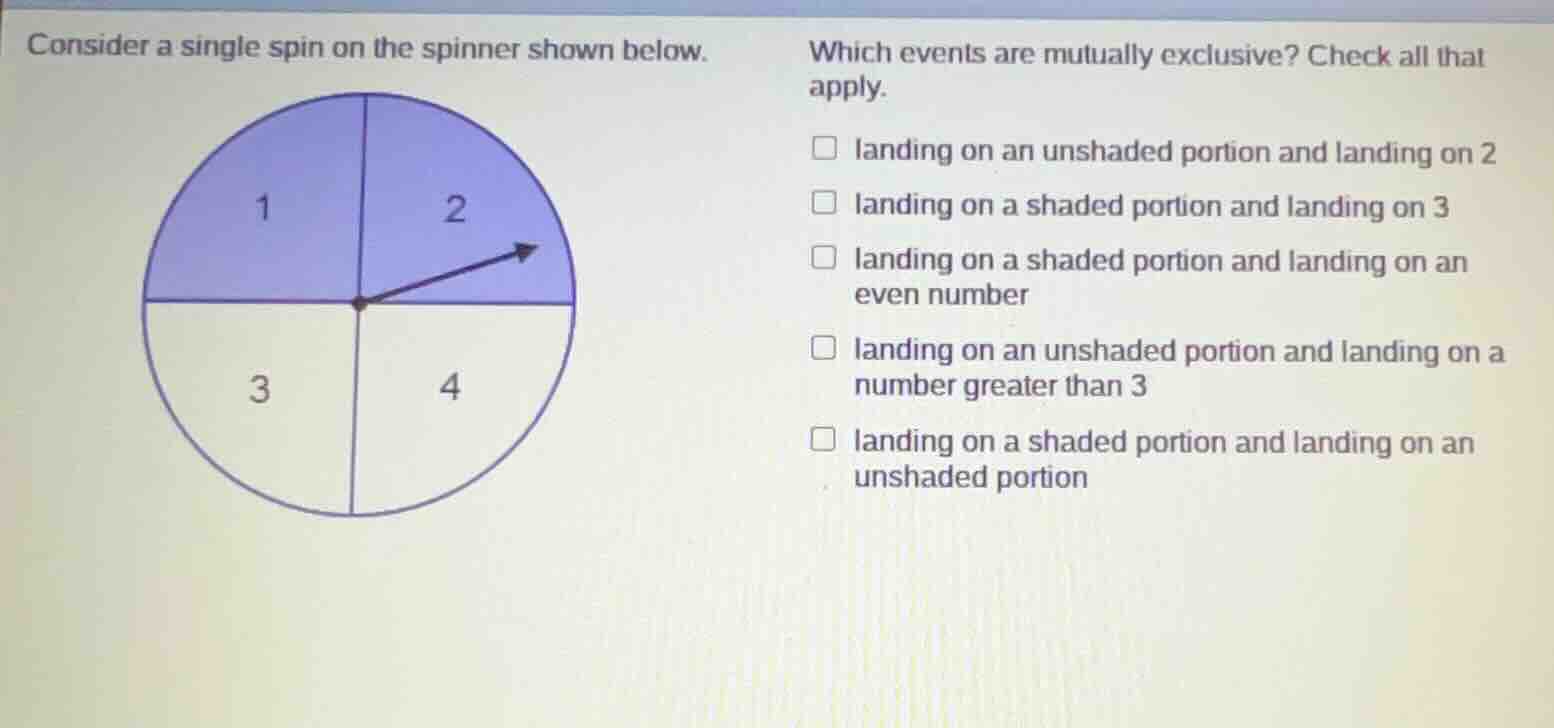 consider a single spin on the spinner shown below. which events are mut…