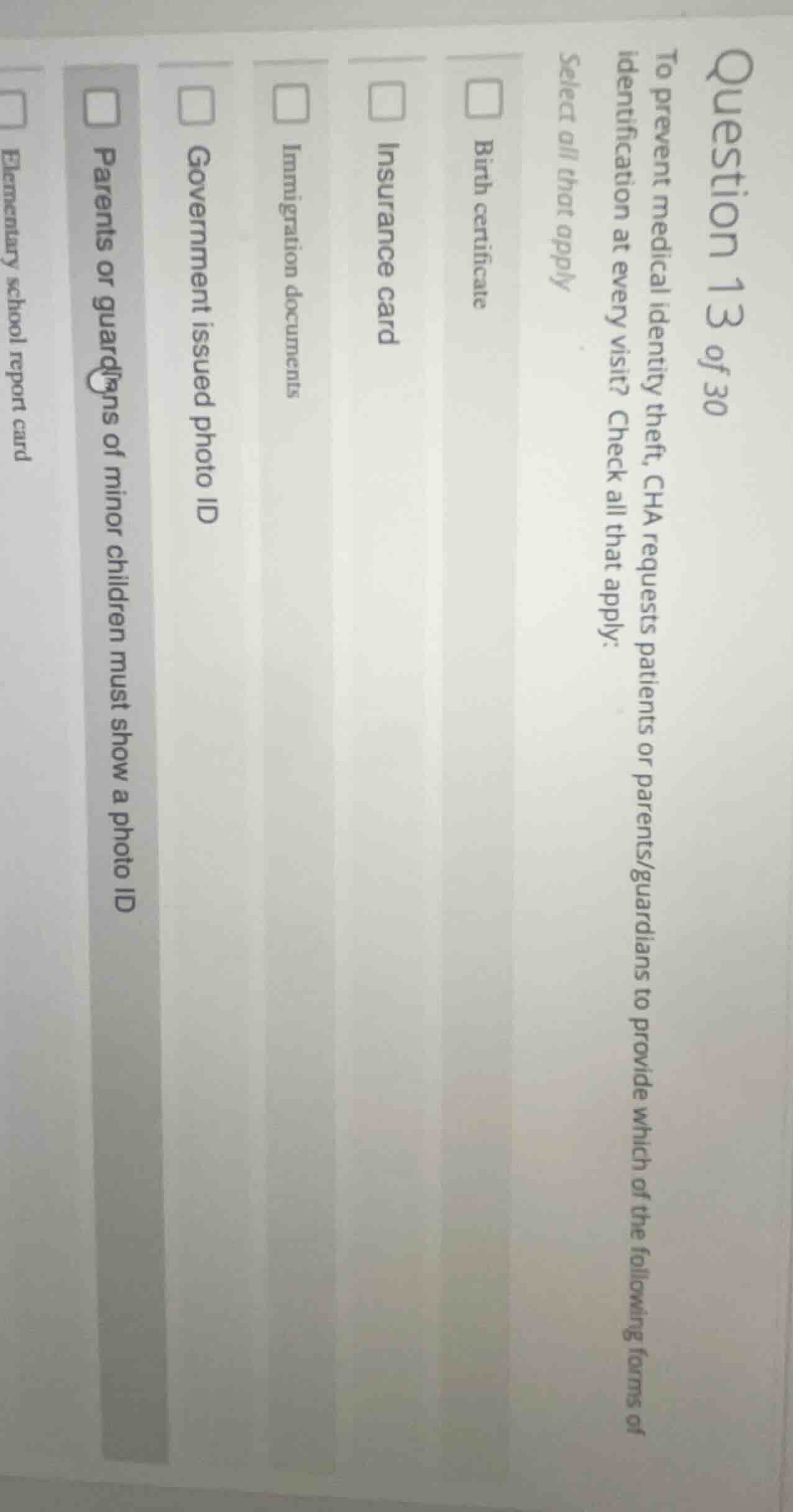 question 13 of 30 to prevent medical identity theft, cha requests patie…