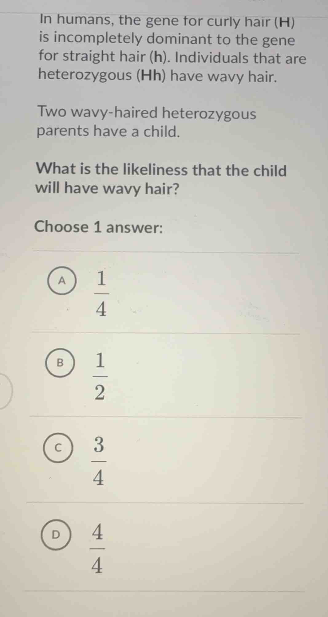 in humans, the gene for curly hair (h) is incompletely dominant to the …