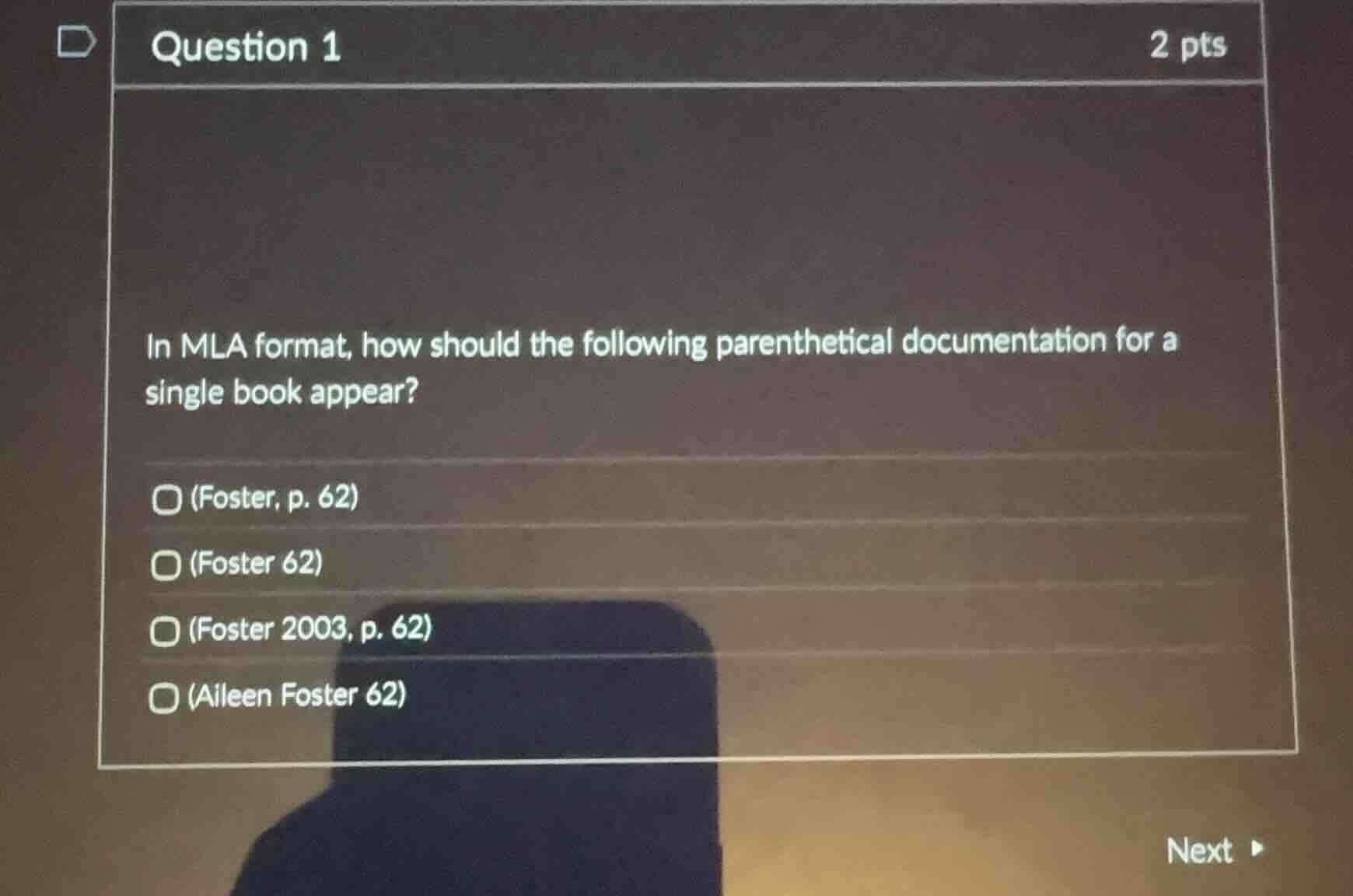 question 1 2 pts in mla format, how should the following parenthetical …