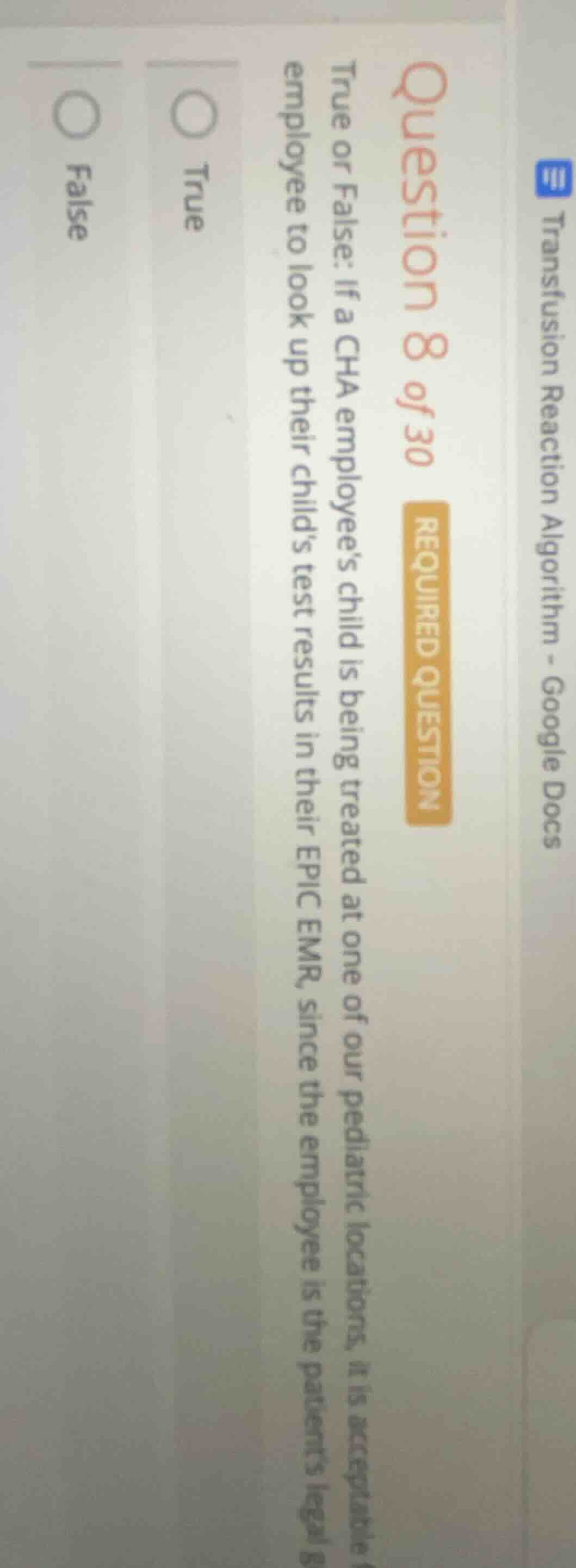 question 8 of 30 required question true or false: if a cha employees ch…