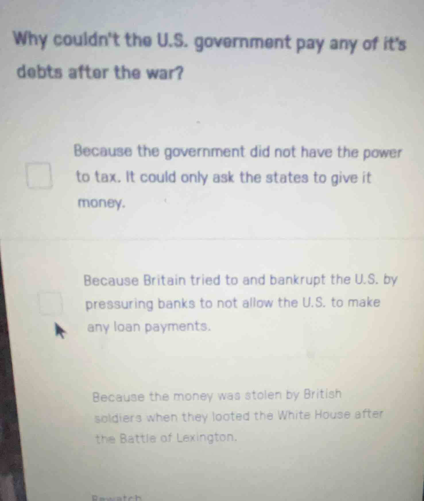why couldnt the u.s. government pay any of its debts after the war? bec…