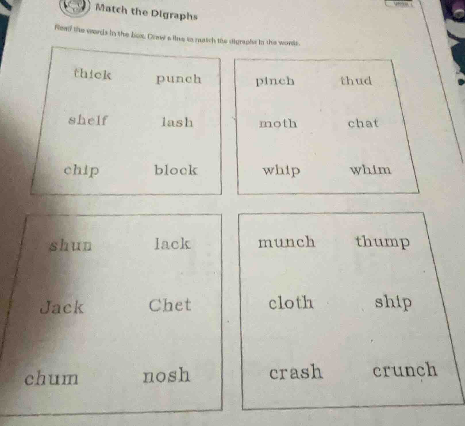 match the digraphs read the words in the box. draw a line to match the …