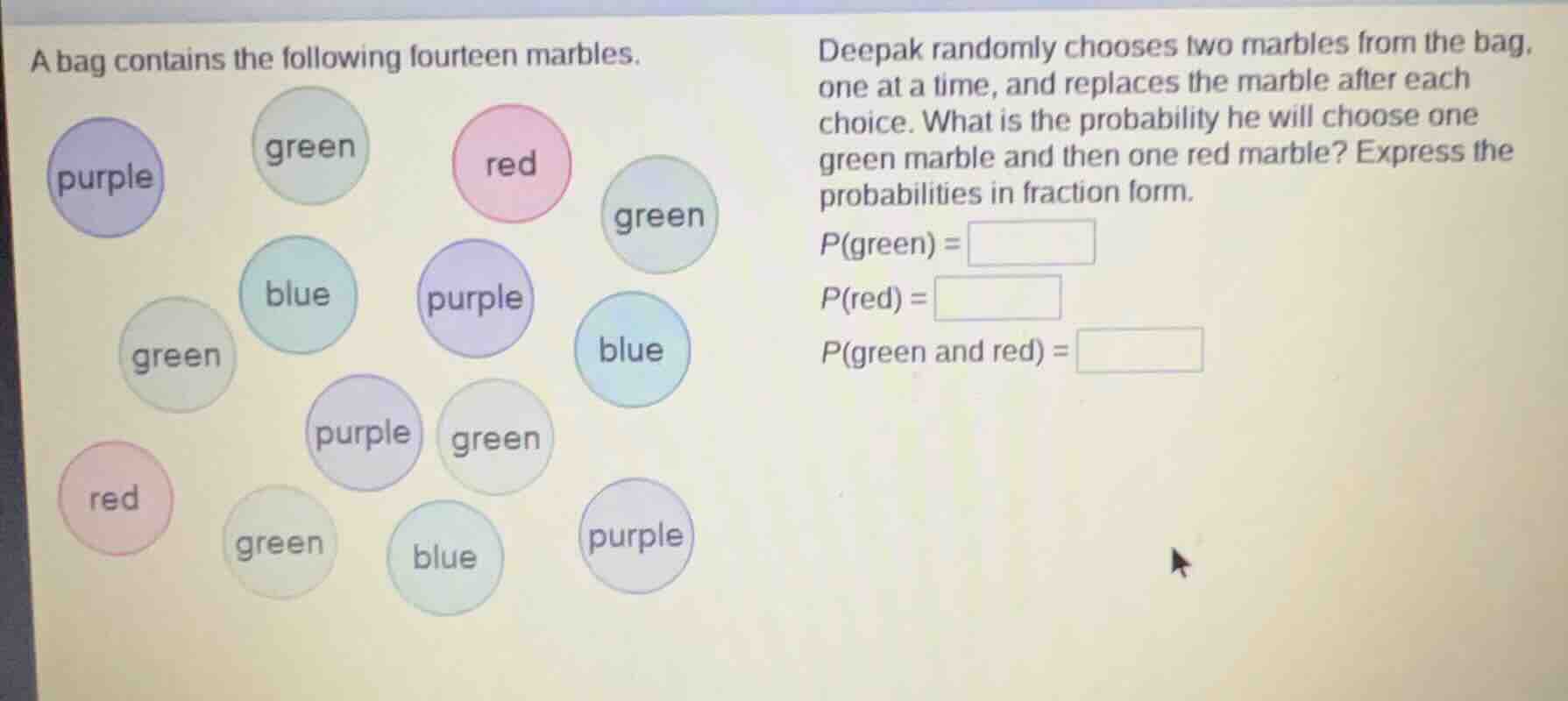 a bag contains the following fourteen marbles. deepak randomly chooses …