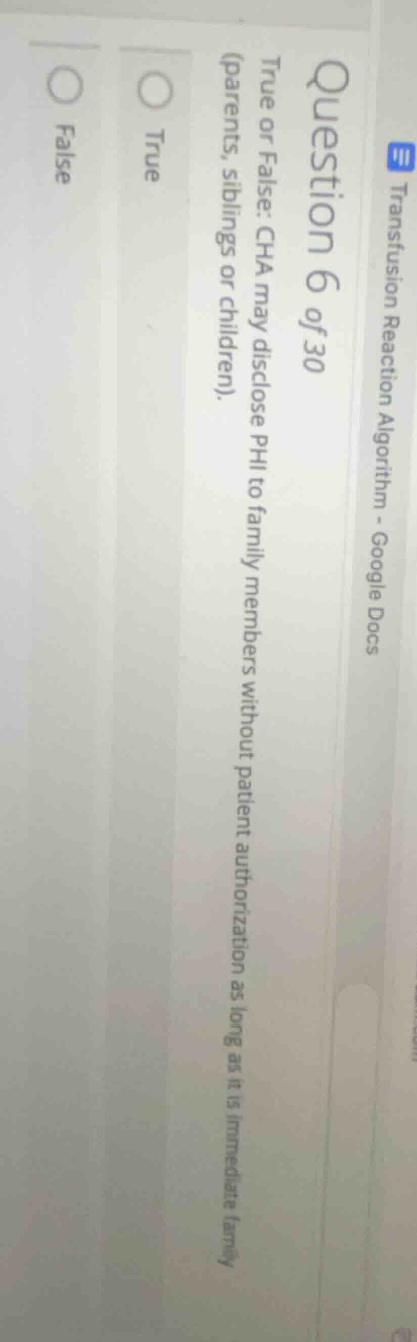 question 6 of 30 true or false: cha may disclose phi to family members …