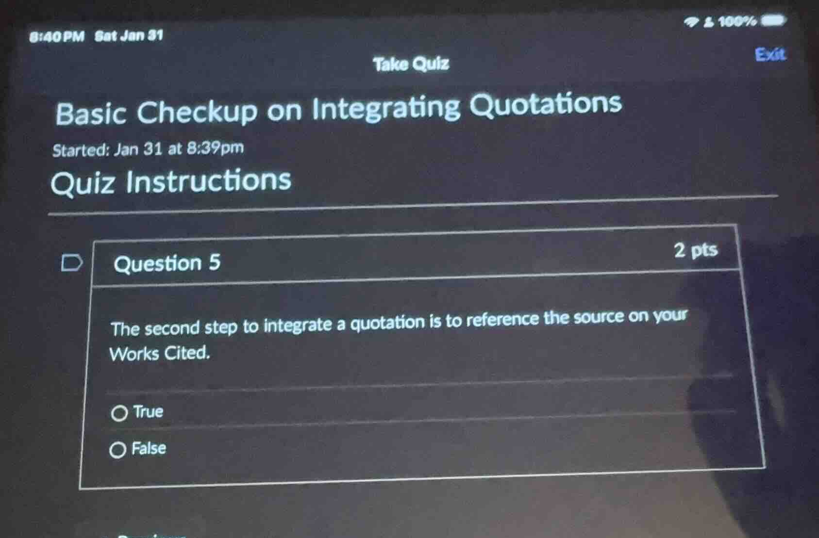 take quiz basic checkup on integrating quotations started: jan 31 at 8:…