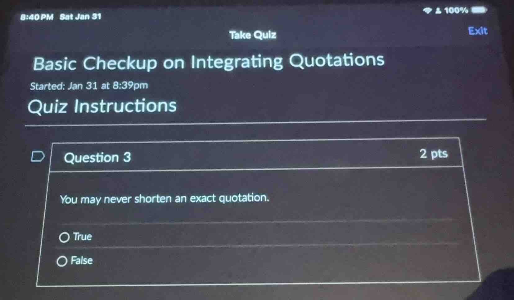 take quiz basic checkup on integrating quotations started: jan 31 at 8:…