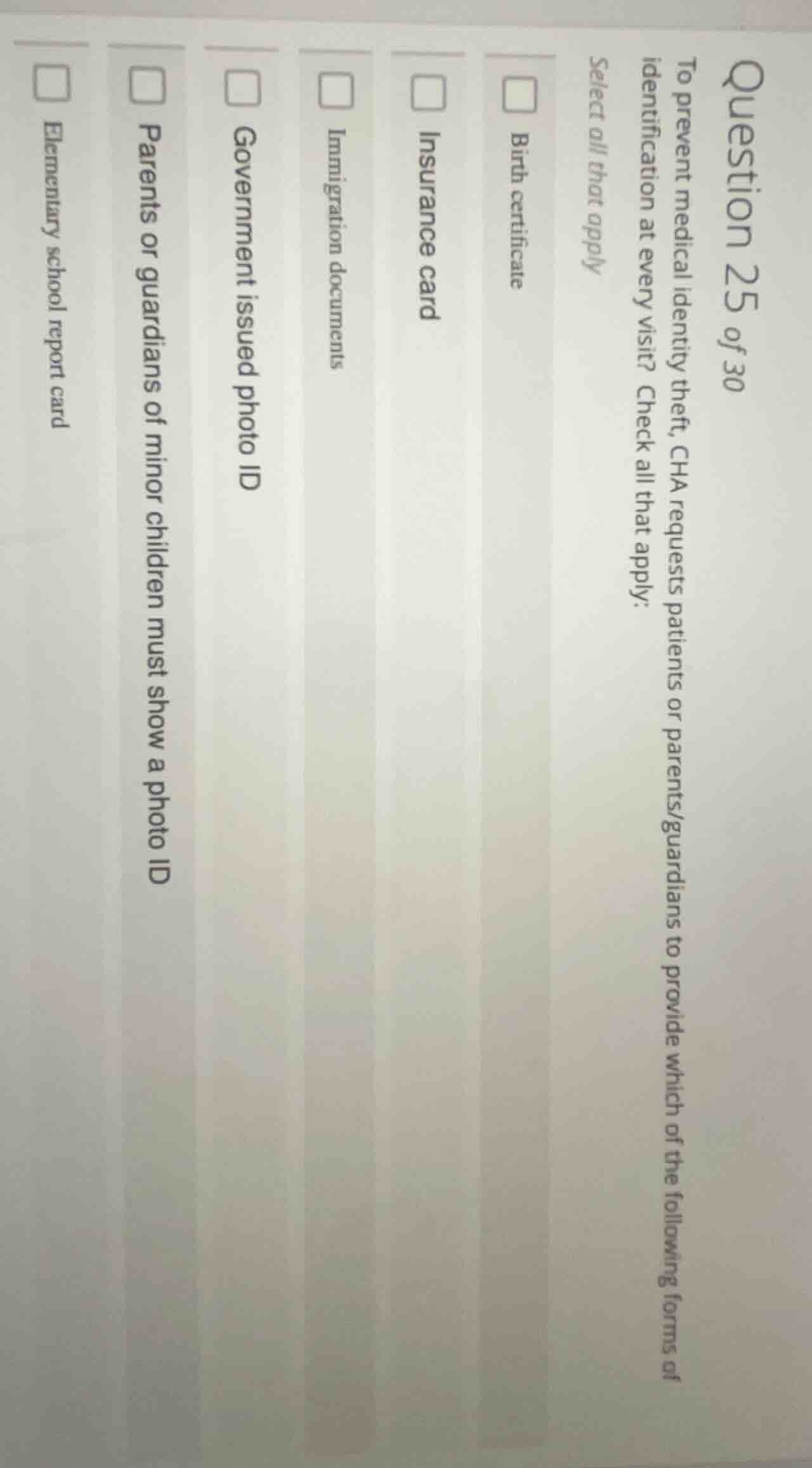 question 25 of 30 to prevent medical identity theft, cha requests patie…
