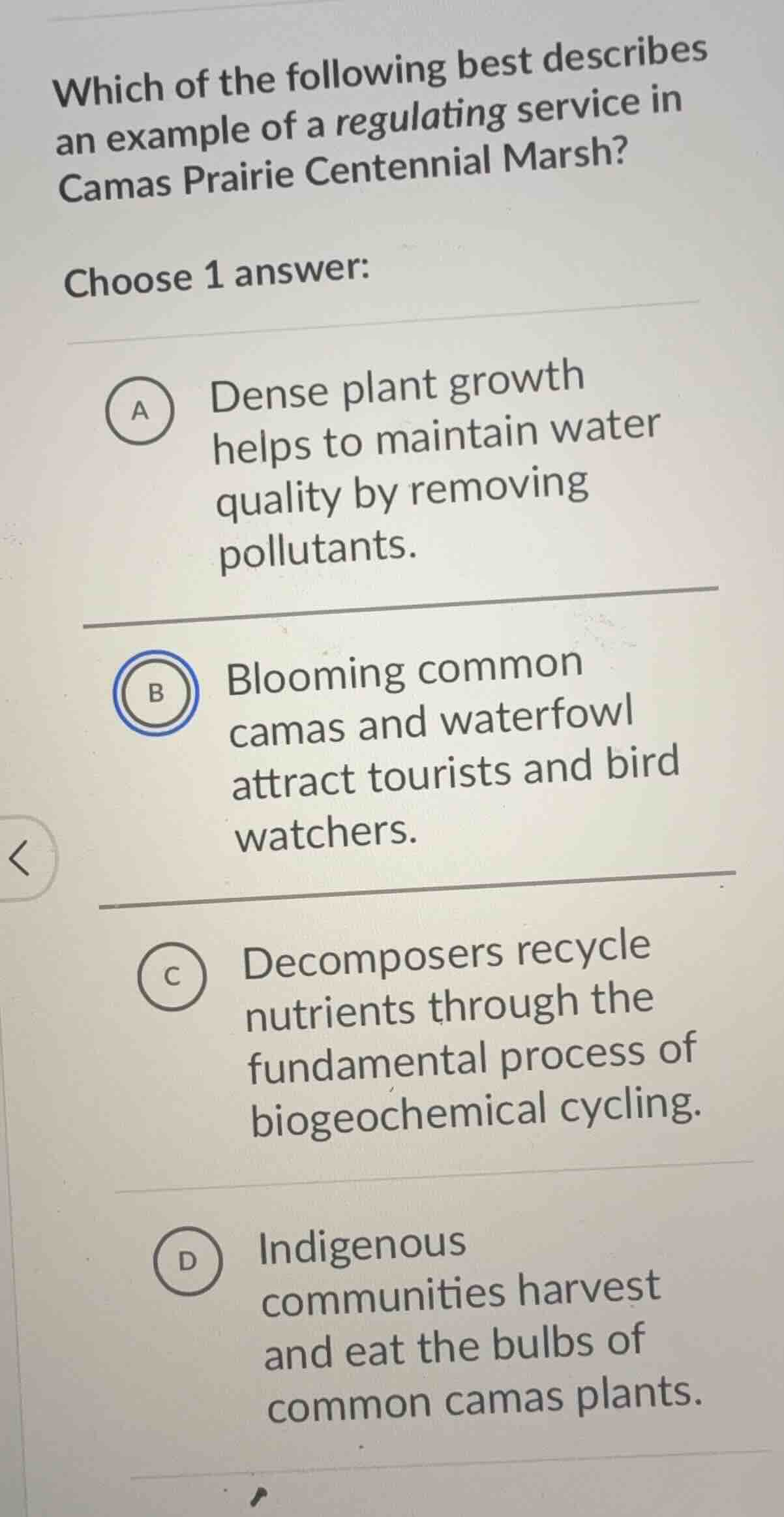 which of the following best describes an example of a regulating servic…