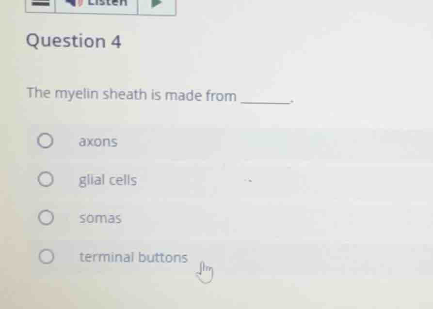 question 4 the myelin sheath is made from ______. axons glial cells som…