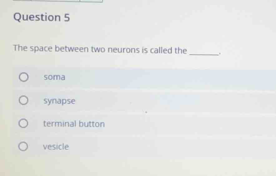 question 5 the space between two neurons is called the ______. ○ soma ○…