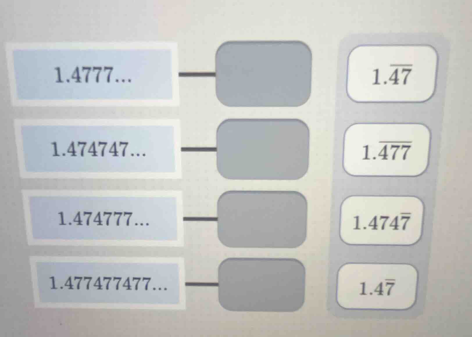 1.4777… 1.474747… 1.474777… 1.477477477… 1.\\overline{47} 1.\\overline{…