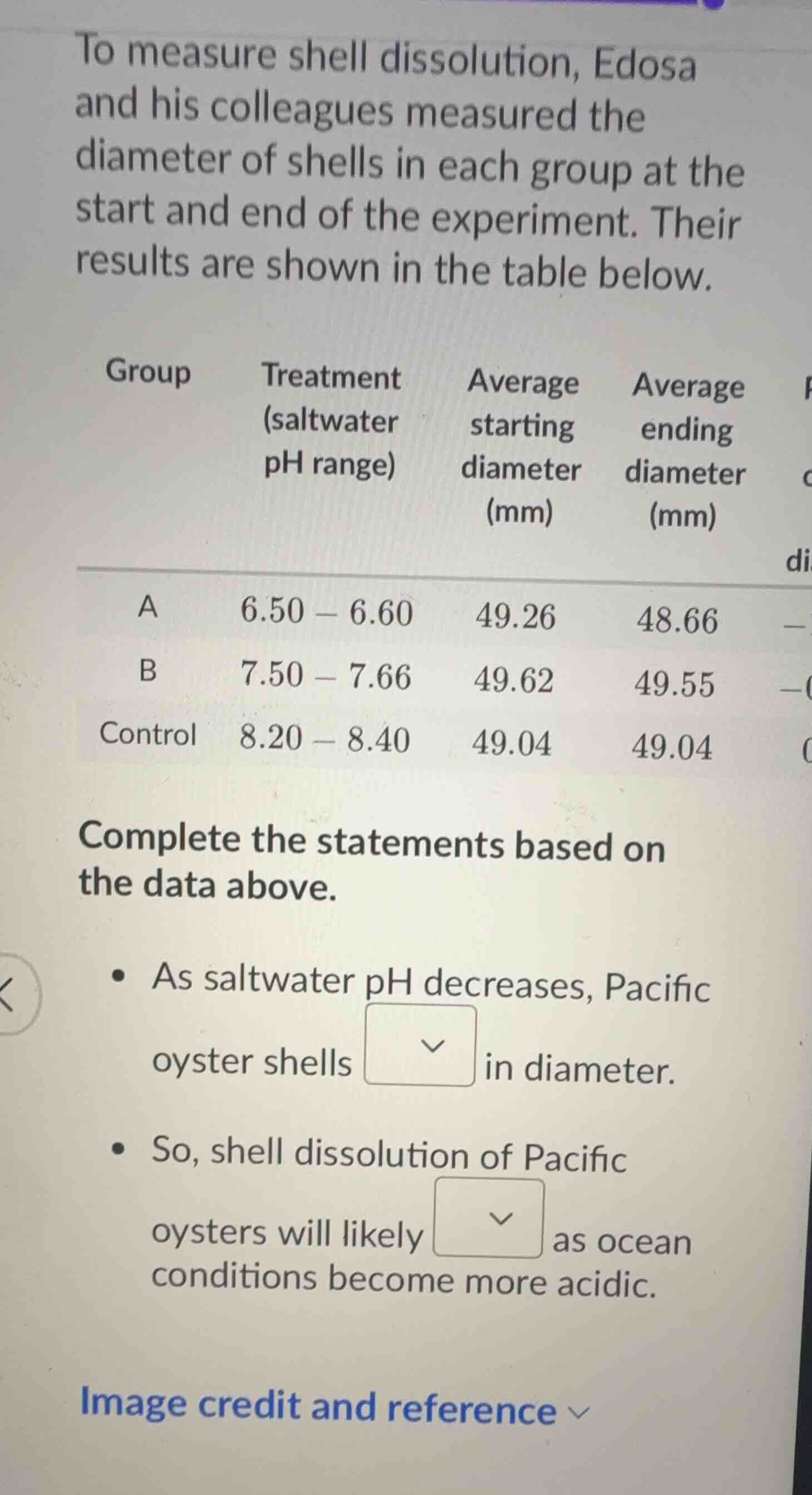 to measure shell dissolution, edosa and his colleagues measured the dia…