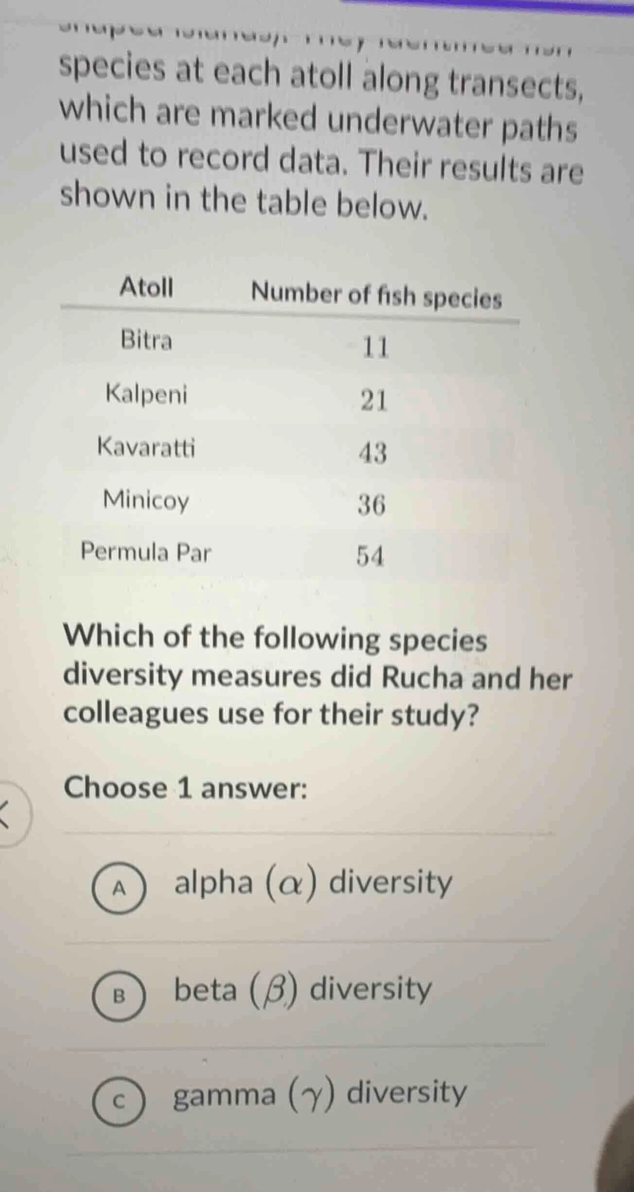 species at each atoll along transects, which are marked underwater path…