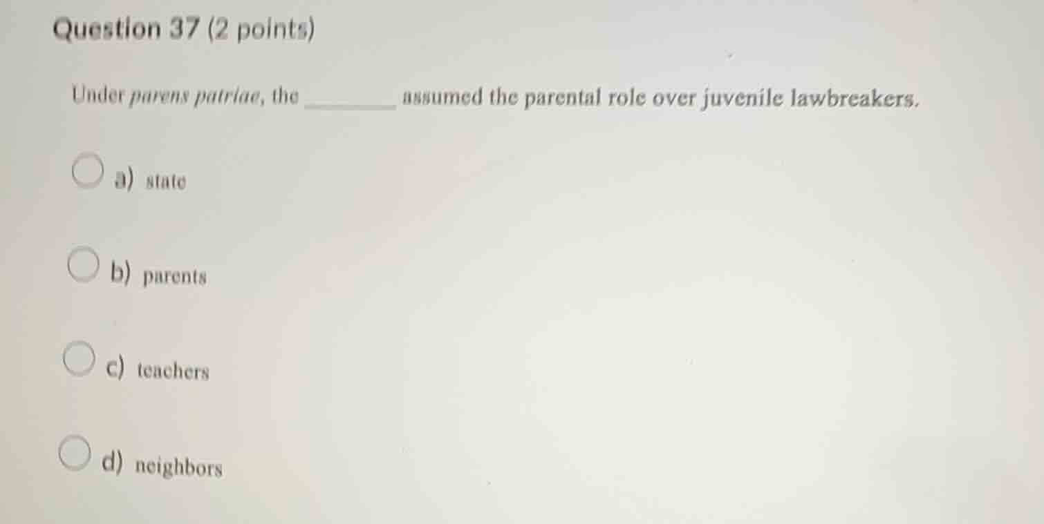 question 37 (2 points) under parens patriae, the ______ assumed the par…