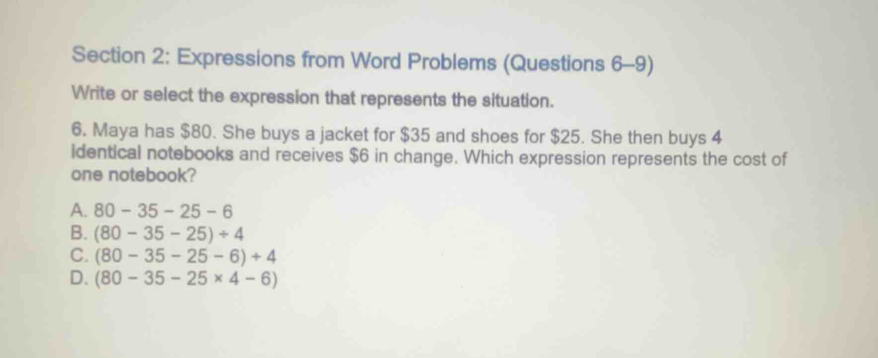 section 2: expressions from word problems (questions 6–9) write or sele…