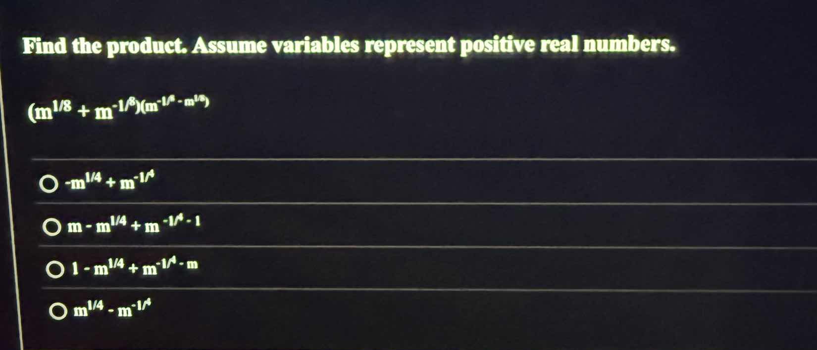find the product. assume variables represent positive real numbers. $(m…