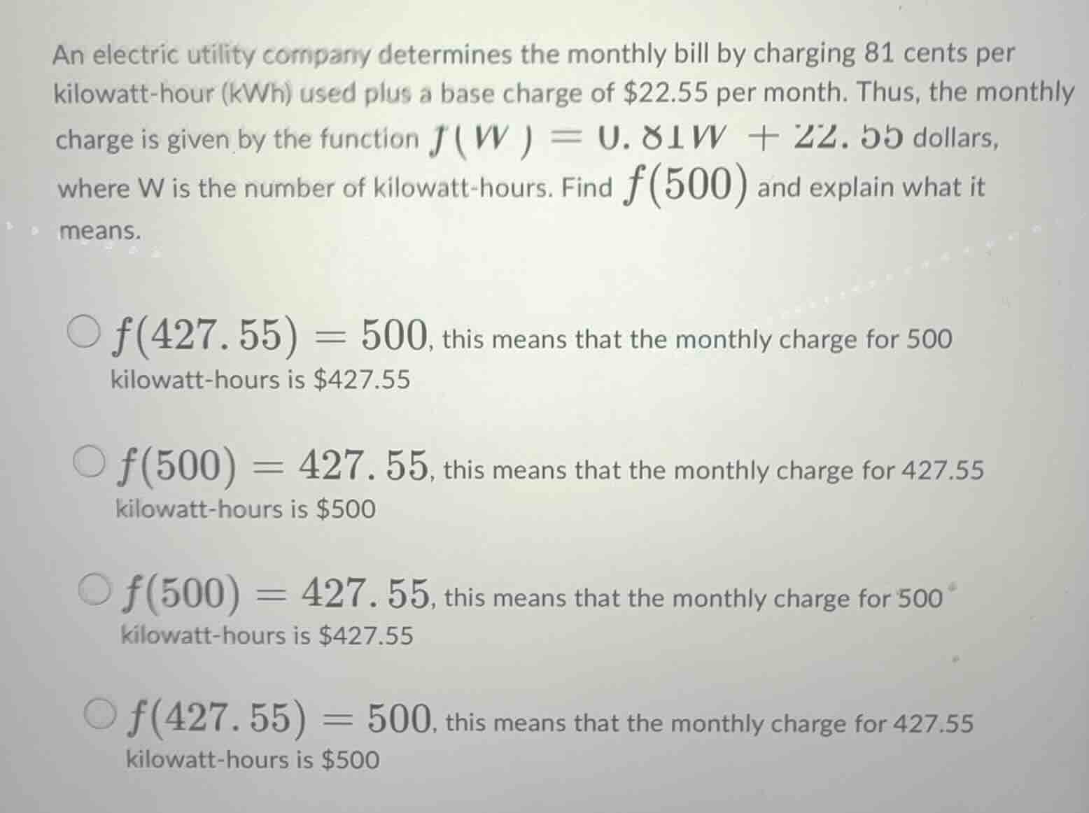 an electric utility company determines the monthly bill by charging 81 …