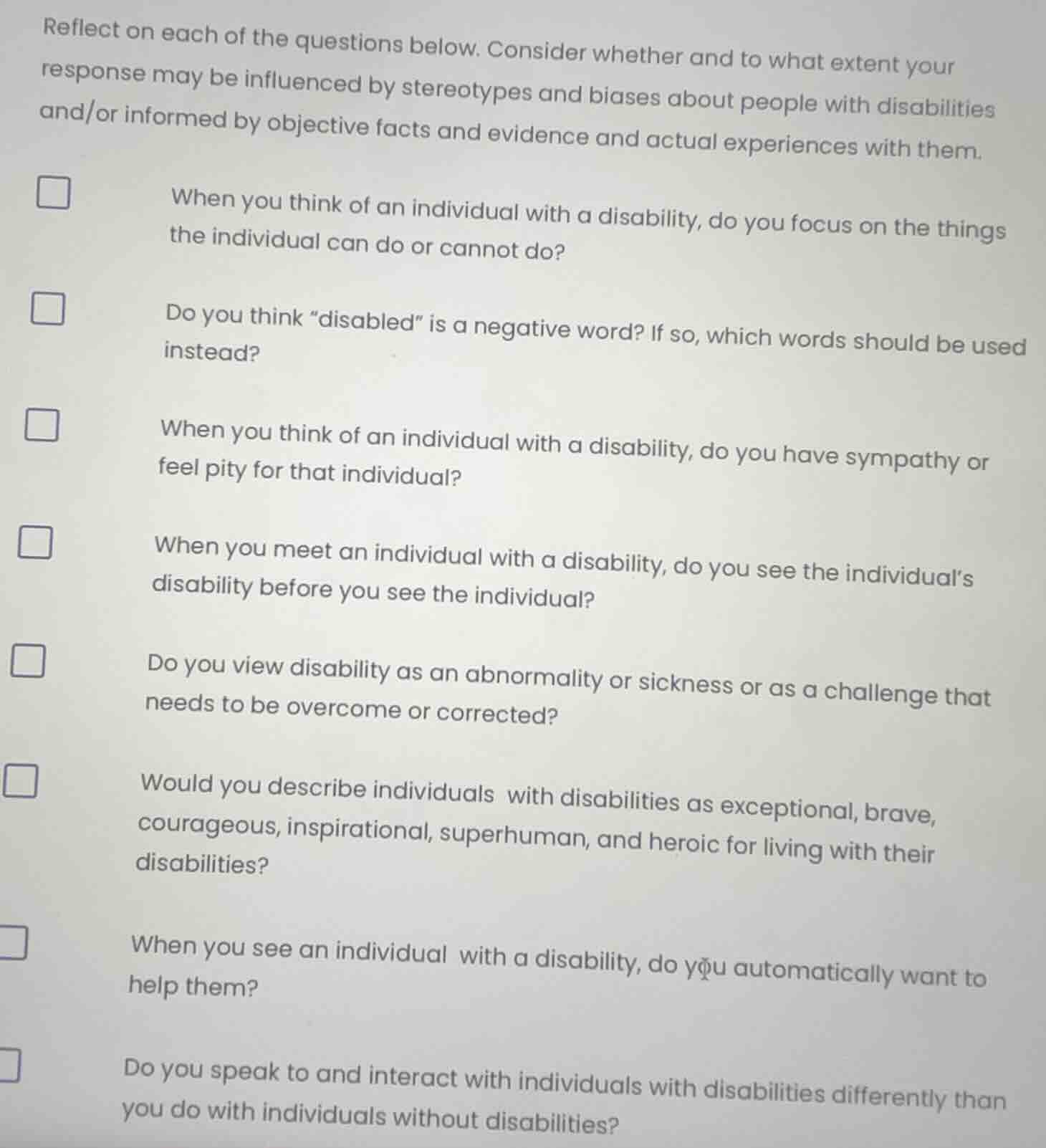 reflect on each of the questions below. consider whether and to what ex…