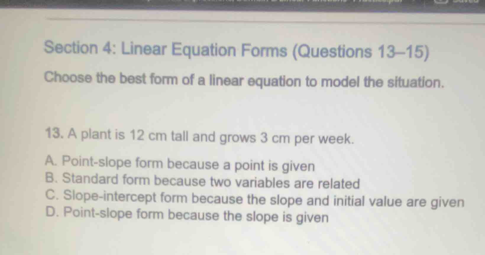 section 4: linear equation forms (questions 13–15) choose the best form…