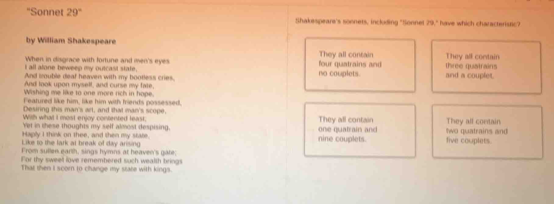 “sonnet 29” by william shakespeare when in disgrace with fortune and me…